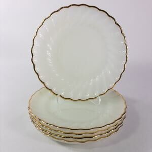 5 Anchor Hocking Fire King White Milk Glass Swirl 7" Plates Gold Trim Scallop